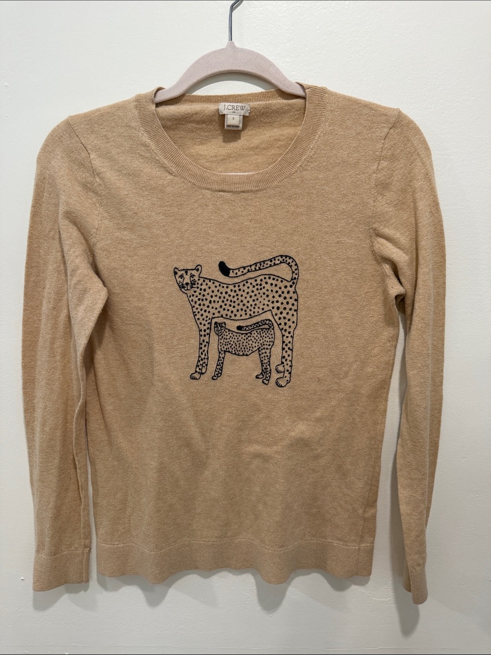 J. Crew Tan Crewneck Sweater with Black Cheetah Embroidery